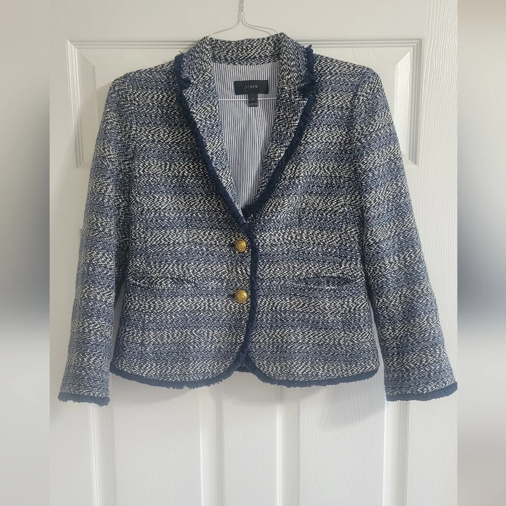 J. Crew Navy and White Tweed Frayed-Trim Blazer